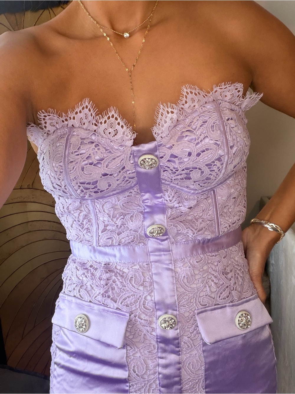 Purple Strapless Lace Corset Midi Dress in Lavender small - Picture 4 of 8